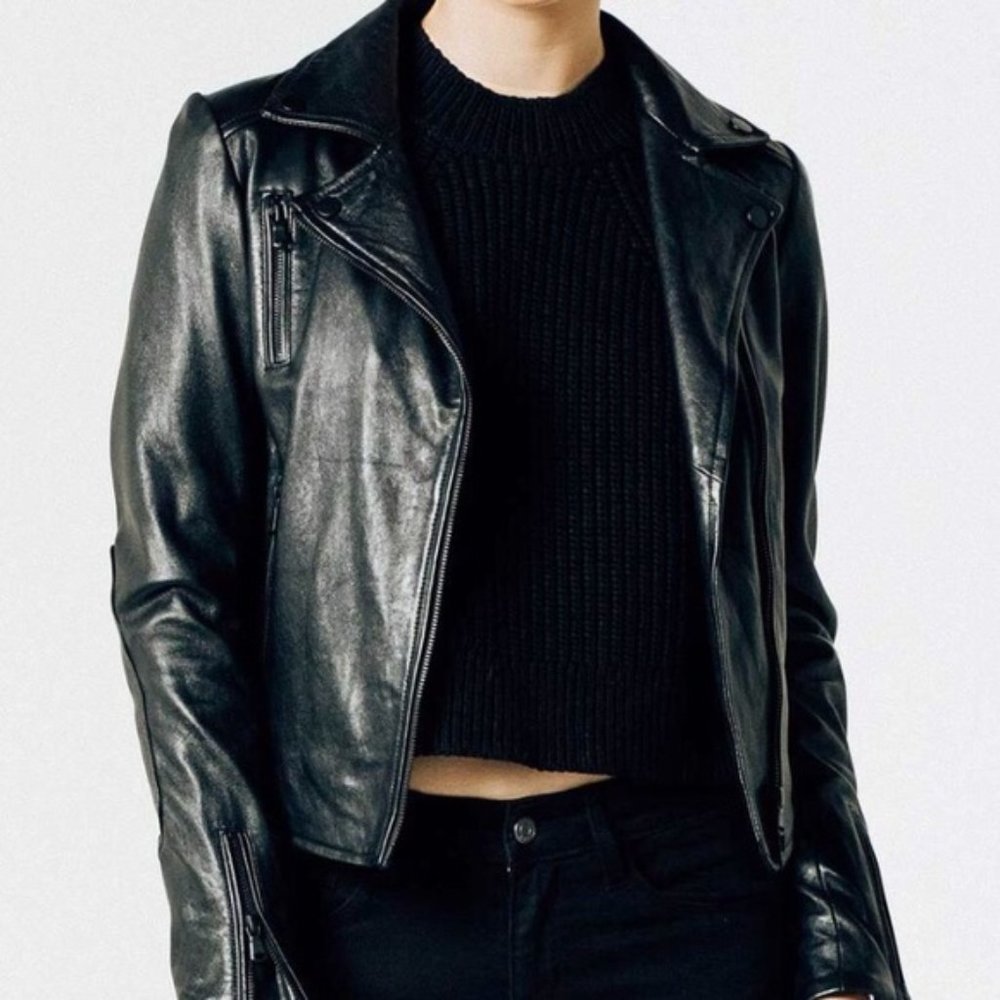 DSTLD Womens Leather Moto Jacket With Black Hardware